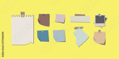 Set of torn paper notes and stickers with to do lists, notebook elements, duct tapes, paper clips, isolated sticky items for planners, memos, reminders, collage and mood board designs