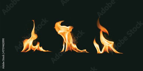 Set of fire flames elements with blazing hot fire effects, realistic burning flame graphics, glowing heat explosion, wildfire symbols, fiery illustration design for danger and hazard decoration