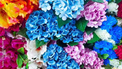roses, peonies, hydrangeas, designer composition of artificial flowers, floral background in retro style
