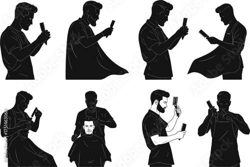 Barber haircut vector illustration, black and white silhouette, scissors and comb action, professional grooming, hairstyle process, salon service, stylist technique