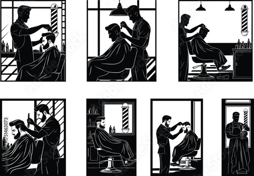 Barbershop vector illustration, haircut scenes, barber styling customer, scissors action, grooming service, black and white interior, vintage salon, daily lifestyle
