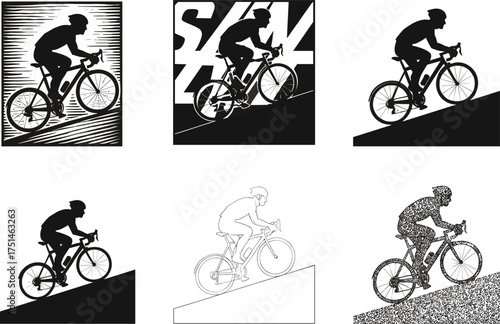 Silhouette cyclist climbing uphill on road bike, multiple artistic styles, dynamic slope illustration, sporty endurance concept, black and white vector design