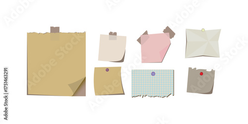 Set of torn notebook paper templates with grid and lined blank sheets, ripped edge design, flat style sticky notes for scrapbooking, collage, memos, reminders, creative stationery elements