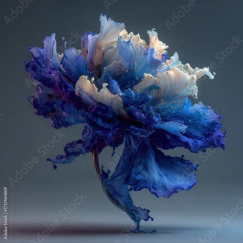 Ink-splash flower forming shape mid-air, surreal composition