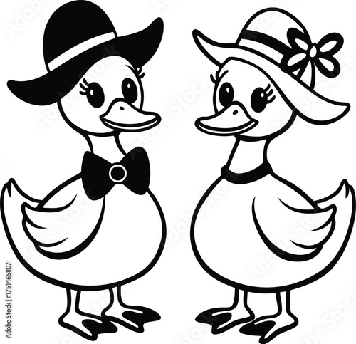 Cute cartoon ducks wearing hats and bow ties for a special occasion