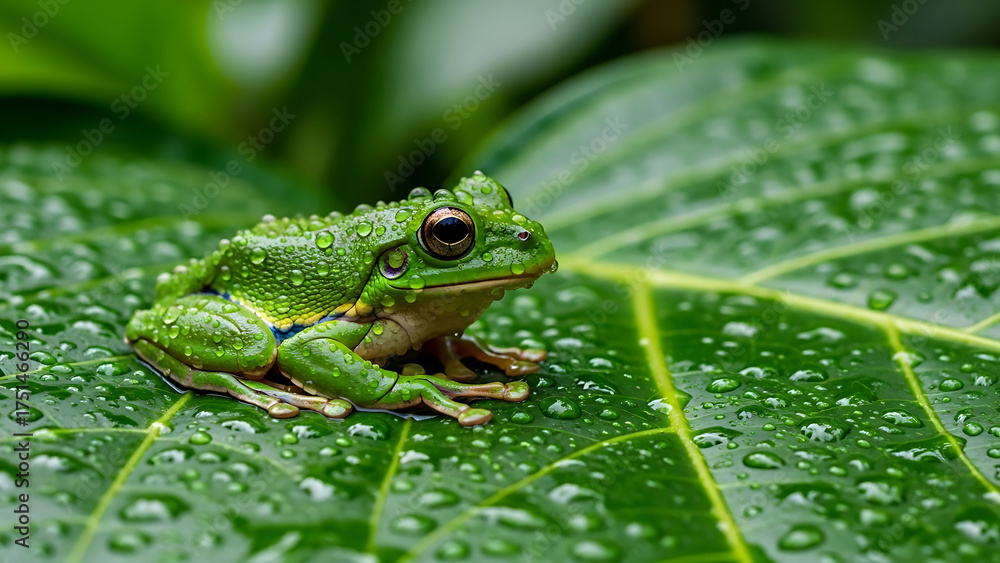 Obraz premium Green Tree Frog Resting on Dewy Tropical Leaf in Close Up