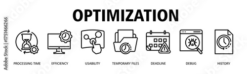 Optimization banner web icon vector illustration concept with icon of Processing Time, Efficiency, Usability, Temporary Files, Deadline, Debug, History
