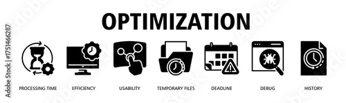Optimization banner web icon vector illustration concept with icon of Processing Time, Efficiency, Usability, Temporary Files, Deadline, Debug, History
