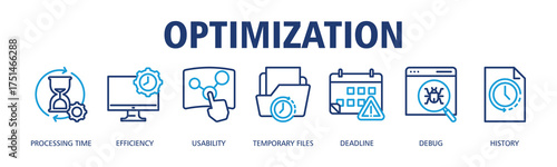 Optimization banner web icon vector illustration concept with icon of Processing Time, Efficiency, Usability, Temporary Files, Deadline, Debug, History
