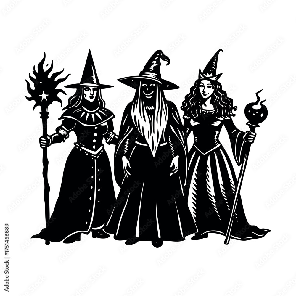 Fototapeta premium Three witches standing with magical tools