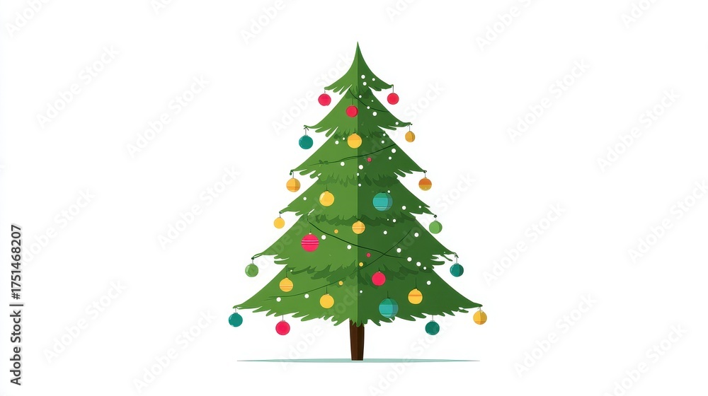 Naklejka premium A Christmas tree, festive element, flat vector design, bright green with colorful baubles, isolated on white background.