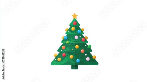 A Christmas tree, festive element, flat vector design, bright green with colorful baubles, isolated on white background.
