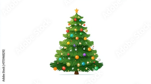 A Christmas tree, festive element, flat vector design, bright green with colorful baubles, isolated on white background.
