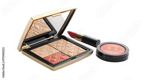 Elegant makeup set featuring eyeshadow blush and lipstick for beauty and cosmetic product photography on transparent background