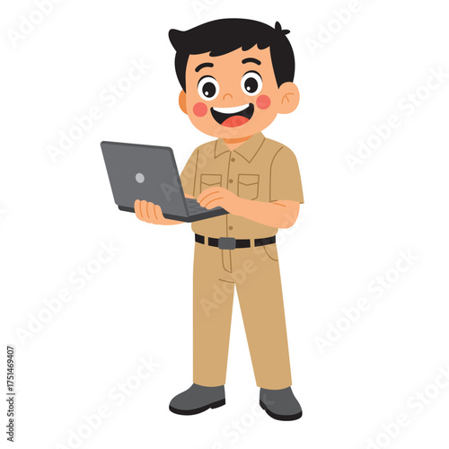 Illustration of indonesian civil servant holding laptop