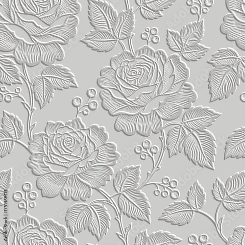 3d embossed floral roses flowers seamless pattern. Textured white gray emboss vector background with relief line art rose flowers, leaves, berries. Beautiful surface endless texture with 3d effect.