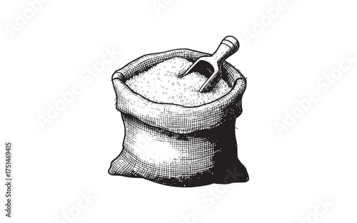 Monochrome drawing of a burlap sack filled with granulated sugar