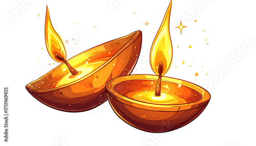 Pair of Indian Diwali Festival Earthen Clay Diya or Oil Lamps with Burning Flame