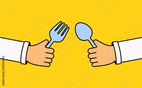 Hands holding spoon and fork illustration on yellow background for restaurant or food concept