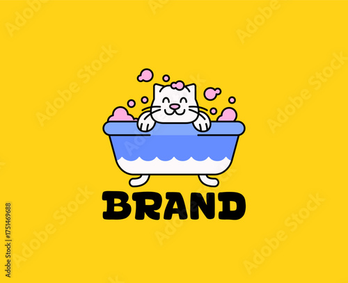 Logo illustration featuring a happy white cat taking a bubble bath in a blue tub with pink foam. Perfect for pet grooming, cat care, or animal brand identity