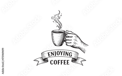 Hand-drawn image depicting a hand holding a steaming cup of coffee.