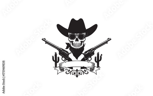 Stylized wild west skull with revolvers, cowboy hat, and bandana