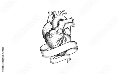 Detailed anatomical heart illustration wrapped with a blank scroll banner