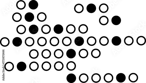 Minimalist arrow design made of black and white circles, symbolizing direction, movement, progress, decision, or forward thinking in a modern abstract style.
