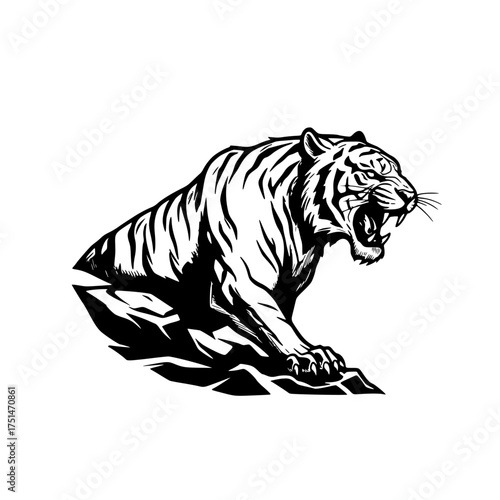 Striking monochrome illustration of a roaring tiger in defensive position