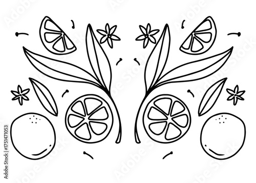 Symmetrical black and white illustration featuring citrus fruits, leaves, and floral elements.