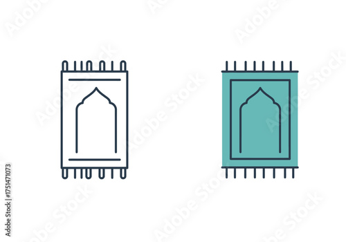 Two graphic icons illustrating traditional Islamic prayer rugs, one in outline and one filled with teal color.
