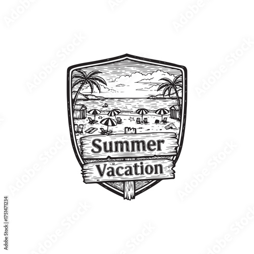 Black and white summer vacation beach illustration in a shield