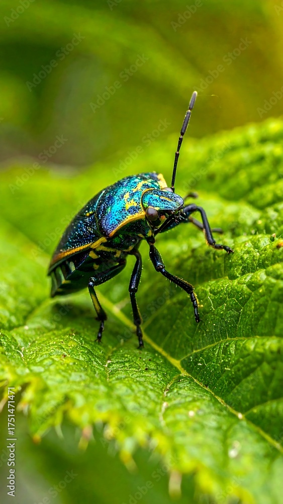 Naklejka premium A vibrant jewel-toned insect perched on a lush green leaf