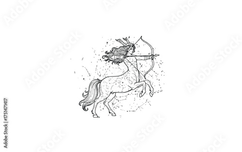 Black and white drawing of a female centaur shooting an arrow.