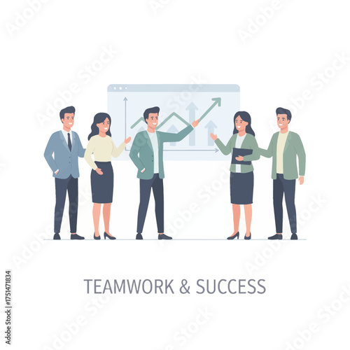 Business team celebrating a rising sales chart. Professional team presenting analytics and success metrics. Corporate staff pointing at upward growth performance. Office team briefing targets achieved