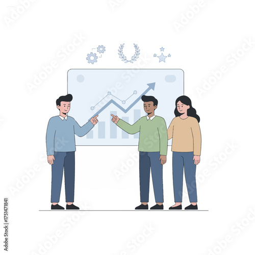 Partners pointing to progress on a success chart. Confident group affirming goals and shared wins. Young professionals celebrating positive trends. Allied team presenting progress and achievement