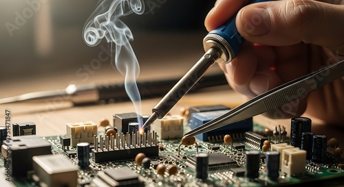Complex circuit board being carefully soldered by a technician's hand