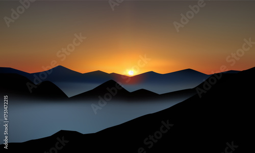 illustration of foggy mountain range at dusk