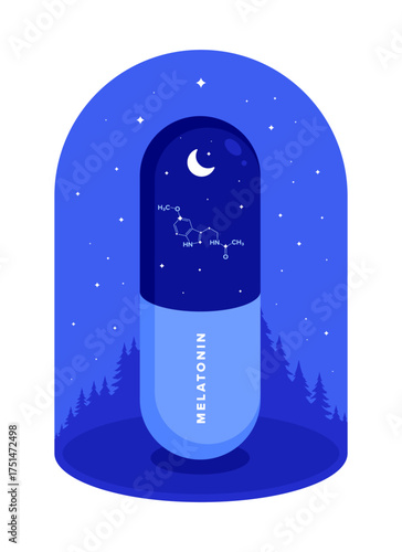 Melatonin capsule with moon, stars and chemical formula at night. Sleep aid, circadian rhythm, insomnia supplement and relaxation. Flat vector illustration isolated on white background