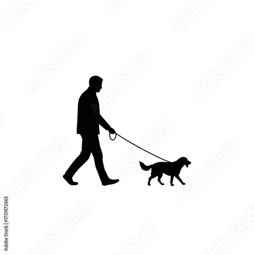 Silhouette of a person walking a dog on a leash outdoors representing companionship and outdoor activity isolated on white background Vector Illustration