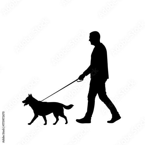 Silhouette of a man walking his dog on a leash outdoors enjoying a pleasant stroll isolated on white background Vector Illustration