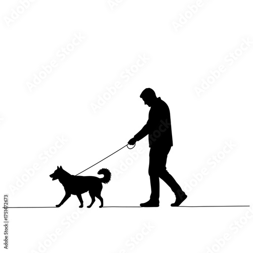 Silhouette of a person walking a dog on a leash outdoors simple graphic design for companionship and pet care isolated on white background Vector Illustration