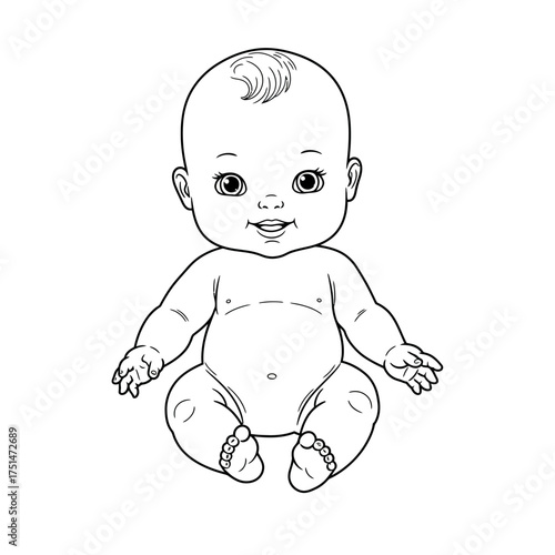 Adorable baby sitting with chubby cheeks and open arms simple outline drawing isolated on white background Vector Illustration