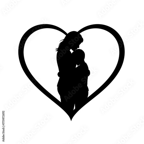 Silhouette of mother embracing child within a heart shape symbolizing love and family bonds isolated on white background Vector Illustration