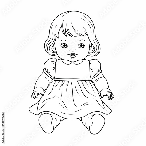 Charming baby doll sketch outline drawing for coloring books and creative projects isolated on white background Vector Illustration