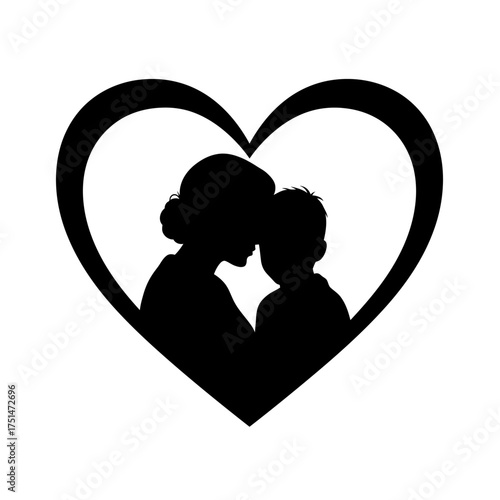 Silhouette of mother and child embracing inside a heart symbol of love and family bond isolated on white background Vector Illustration