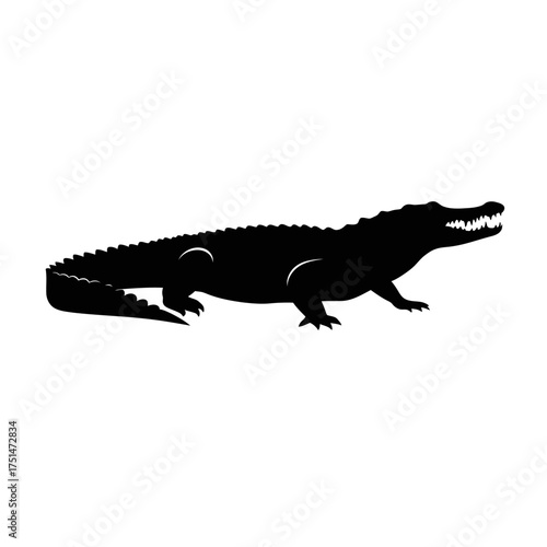 Silhouette of a fearsome alligator with its mouth open ready to strike a powerful prehistoric reptile isolated on white background Vector Illustration