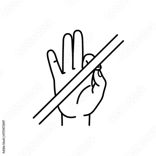 Hand gesture with fingers crossed and a diagonal line symbolizing prohibition or denial in simple outline art isolated on white background Vector Illustration