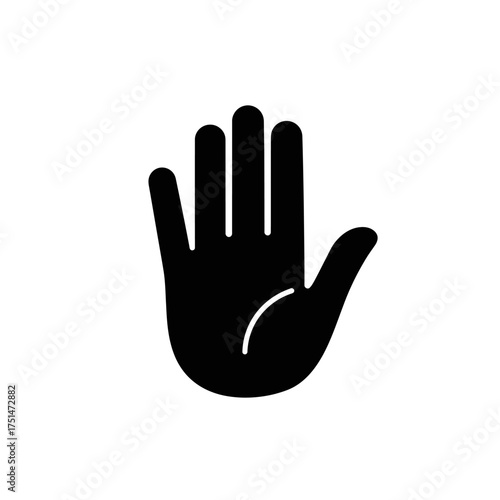 Simple black silhouette of an open hand facing forward gesturing stop or halt symbol isolated on white background Vector Illustration