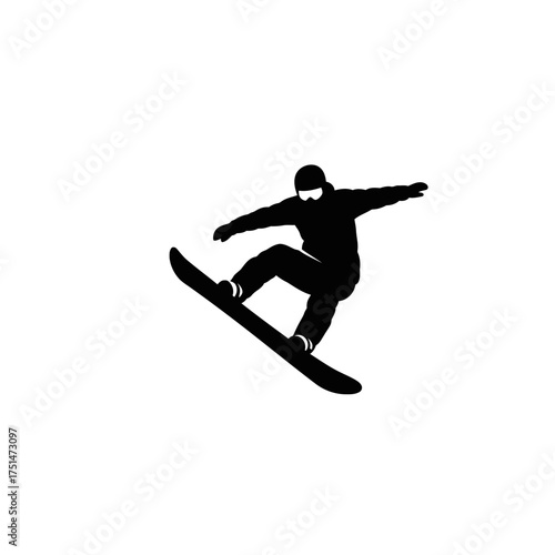 Dynamic snowboarder silhouette mid-air performing freestyle trick action snowboarding sports isolated on white background Vector Illustration